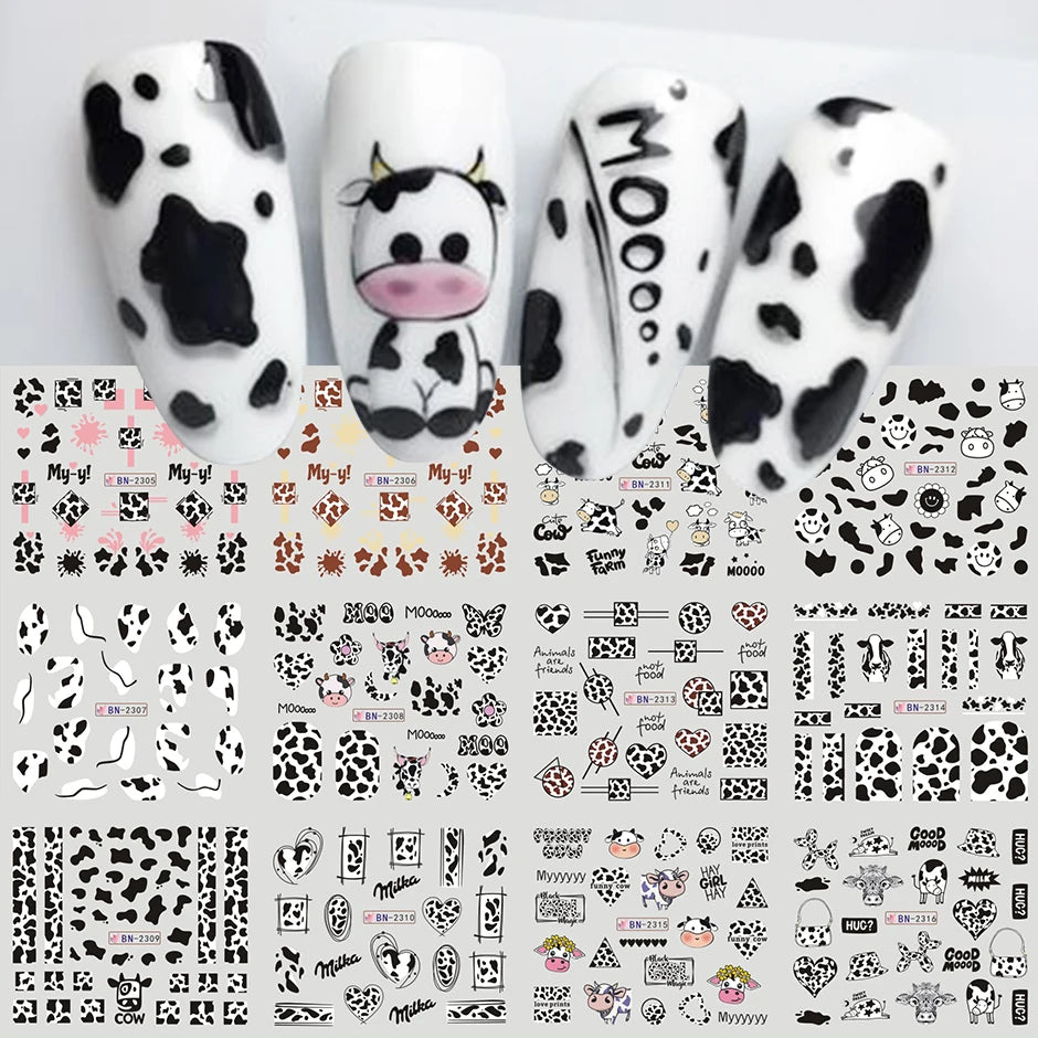 EC_12pcs Cute Cows Prints Nail Stickers