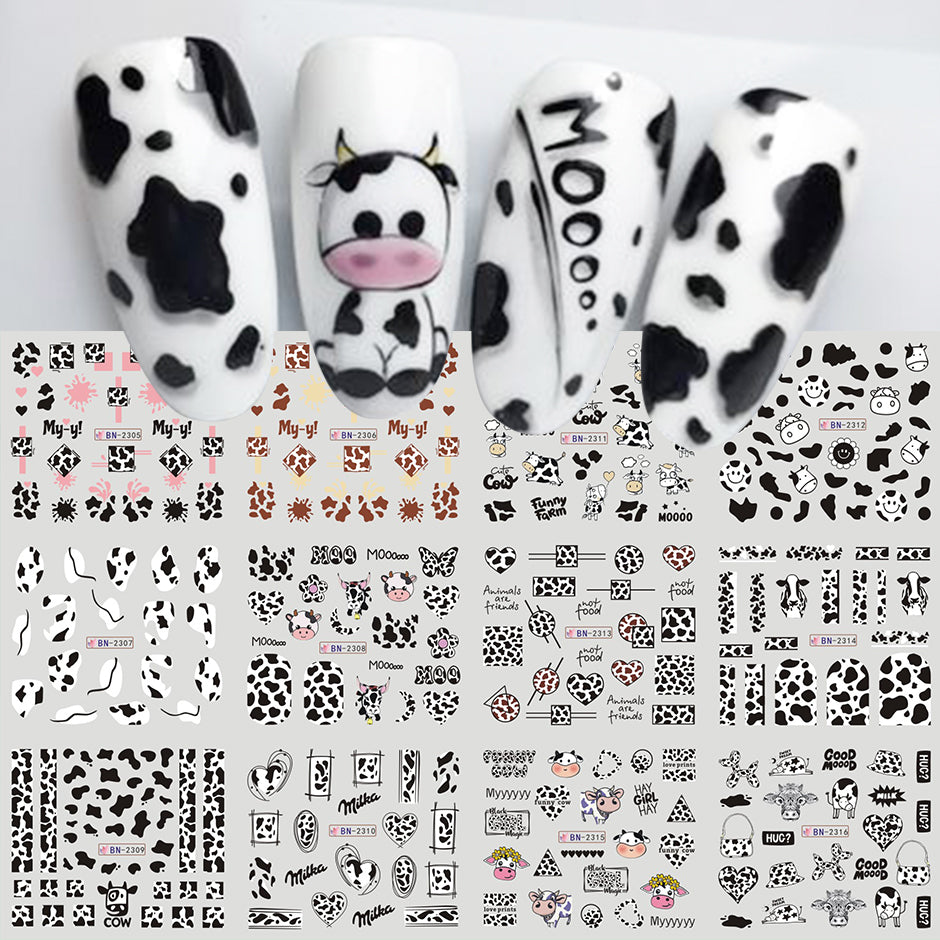 EC_12pcs Cute Cows Prints Nail Stickers