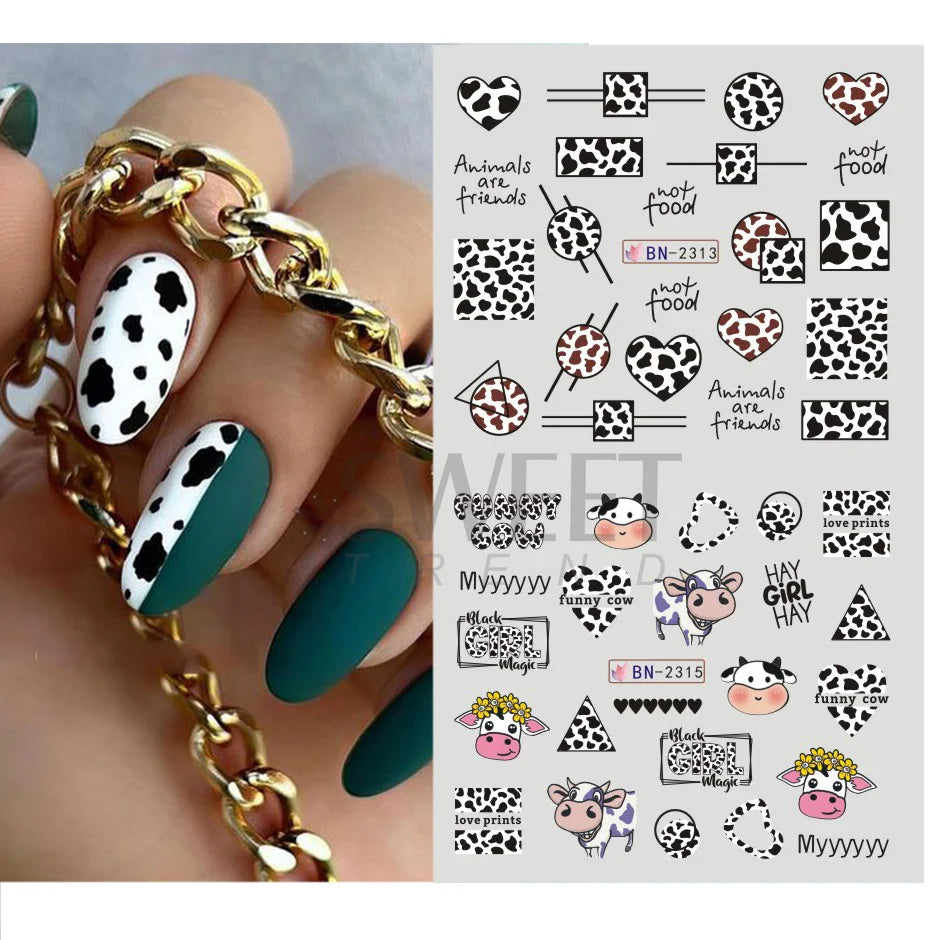 EC_12pcs Cute Cows Prints Nail Stickers