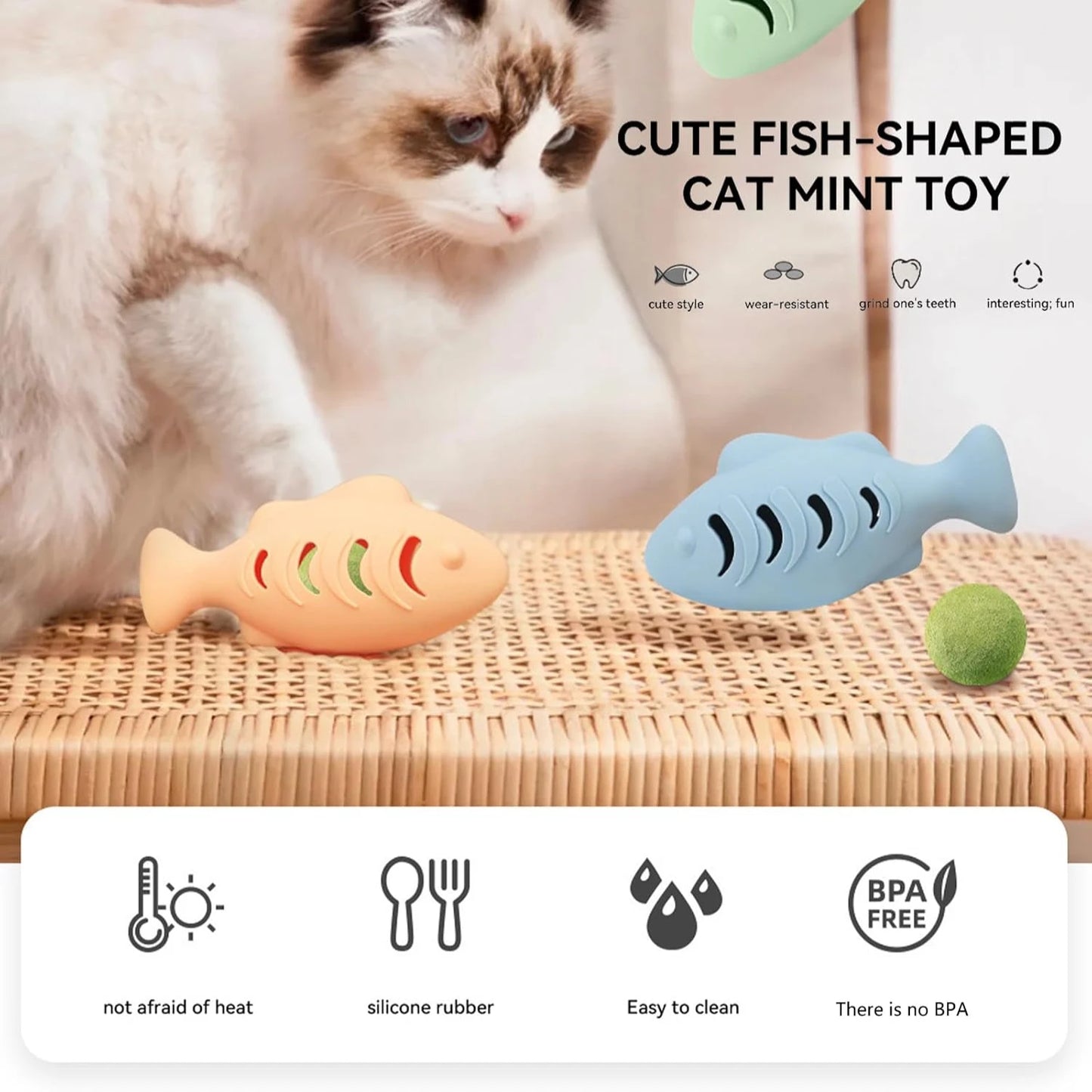 EC_3 Pcs Pet Treat Toys, Fish Shape Food-Grade Silicone