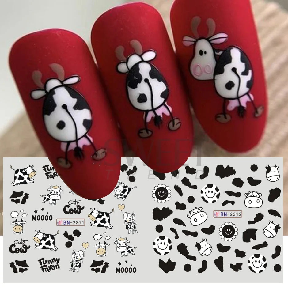 EC_12pcs Cute Cows Prints Nail Stickers